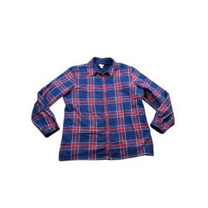 LL Bean Fleece Lined Flannel Shirt Women Size Large Blue Red Plaid Shacket